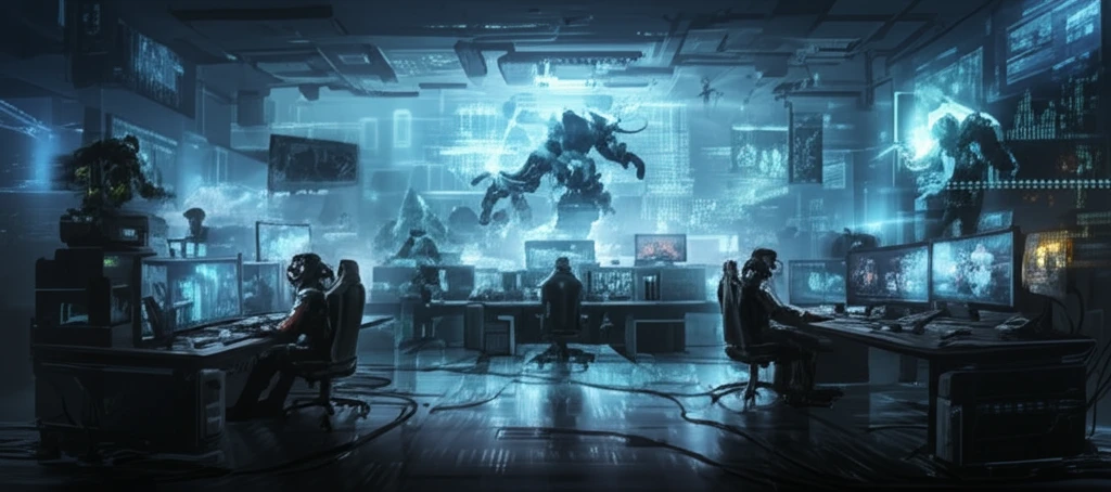 Surreal illustration of a futuristic video game development studio, representing the intersection of technology and masculinity in gaming.