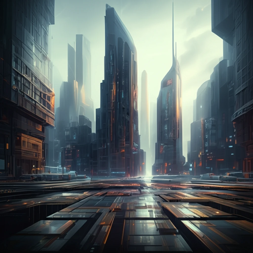Surreal cityscape with phononic crystal buildings controlling sound waves.