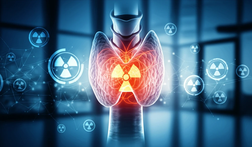 Surreal illustration of thyroid gland with radiation symbols, symbolizing the link between radiation exposure and thyroid health.