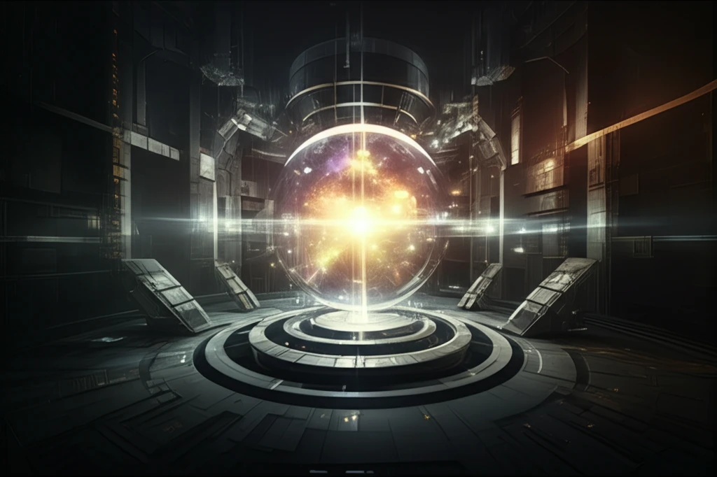 Surreal illustration of a Penning trap with glowing ions and a detector screen.