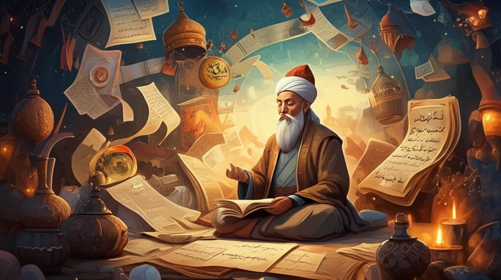 Surreal illustration of Rashid al-Din, a central figure in Mongol Iran's renaissance, surrounded by cultural symbols.