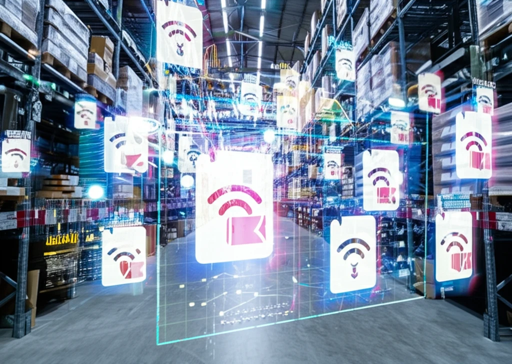 Surreal illustration of a high-tech warehouse utilizing dynamic data visualizations to categorize and manage RFID tags.