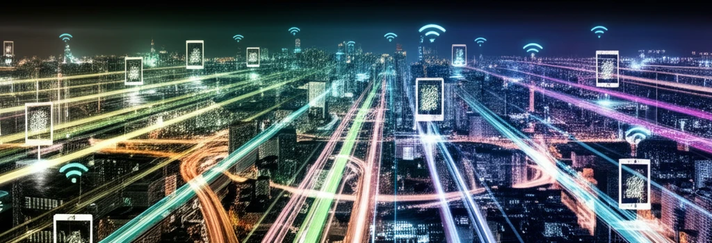 Futuristic cityscape with glowing network of interconnected mobile devices.