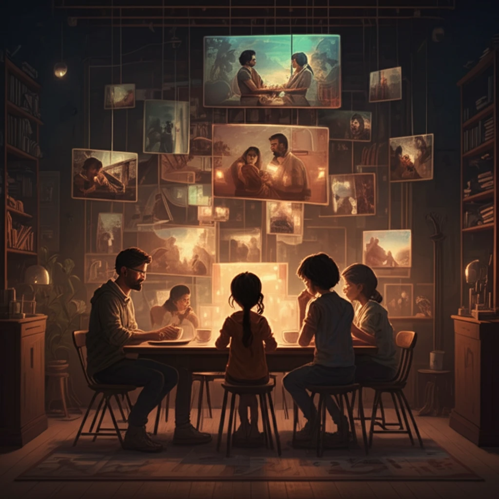 A diverse family is connected through shared memories in projected photos.