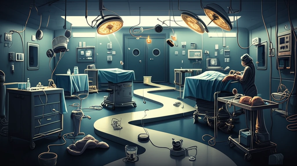 Surreal illustration of a path to an operating room, symbolizing risks of pancreatic resection reoperation.