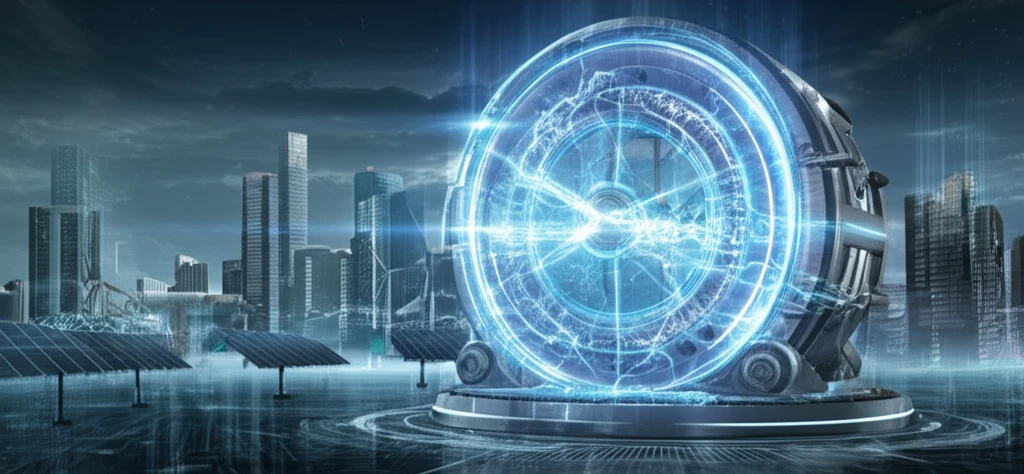 Flywheel energy storage system powering a futuristic city.