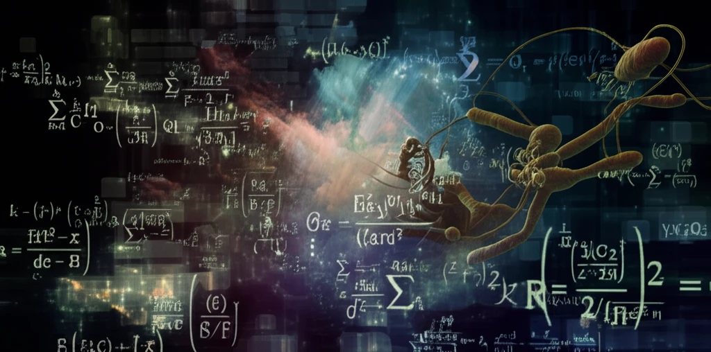 Abstract image representing the combined threat of Anthrax and Listeriosis with overlaid mathematical equations.
