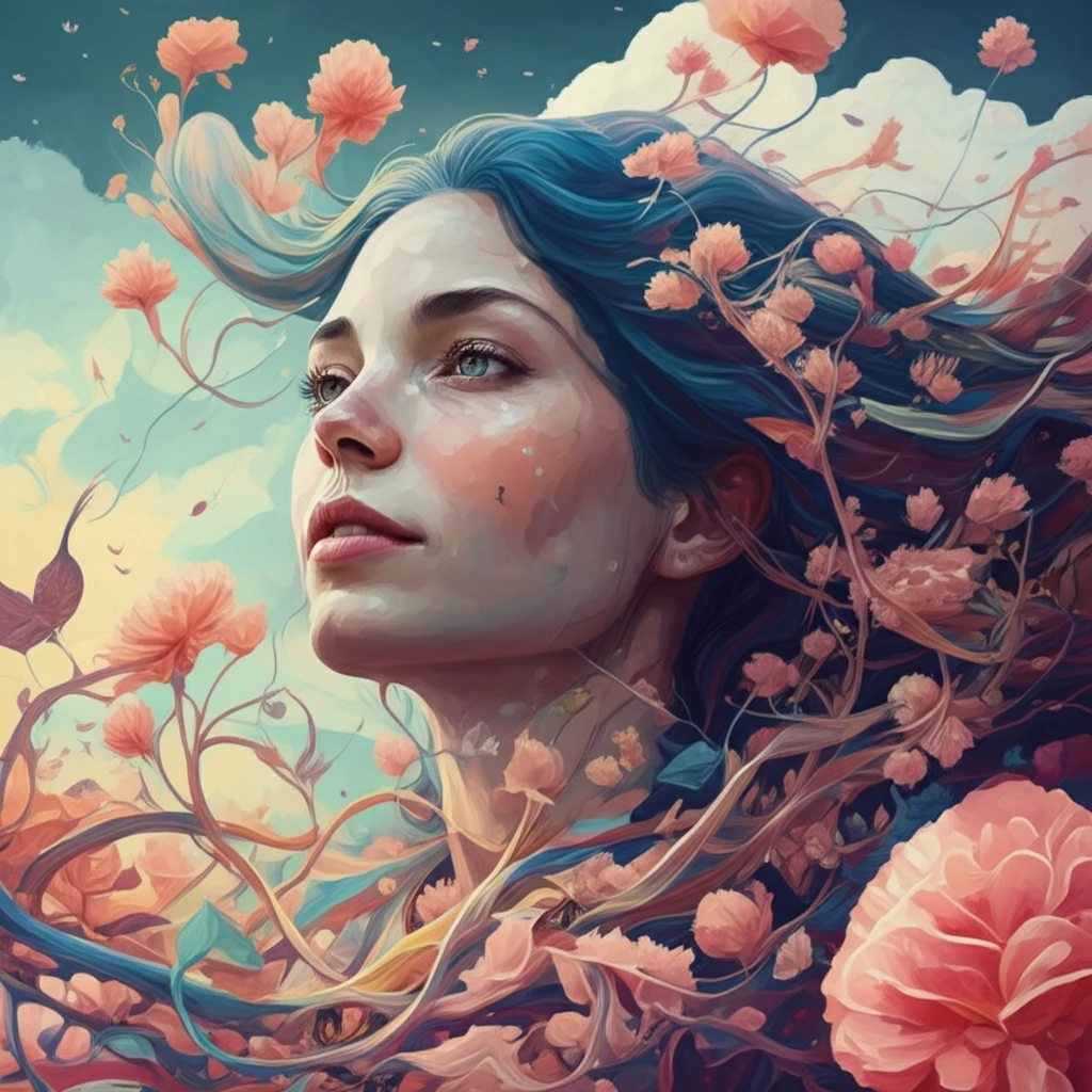 Serene woman with flowing hair in a landscape of molecules and flowers, symbolizing breast cancer and hair loss treatment
