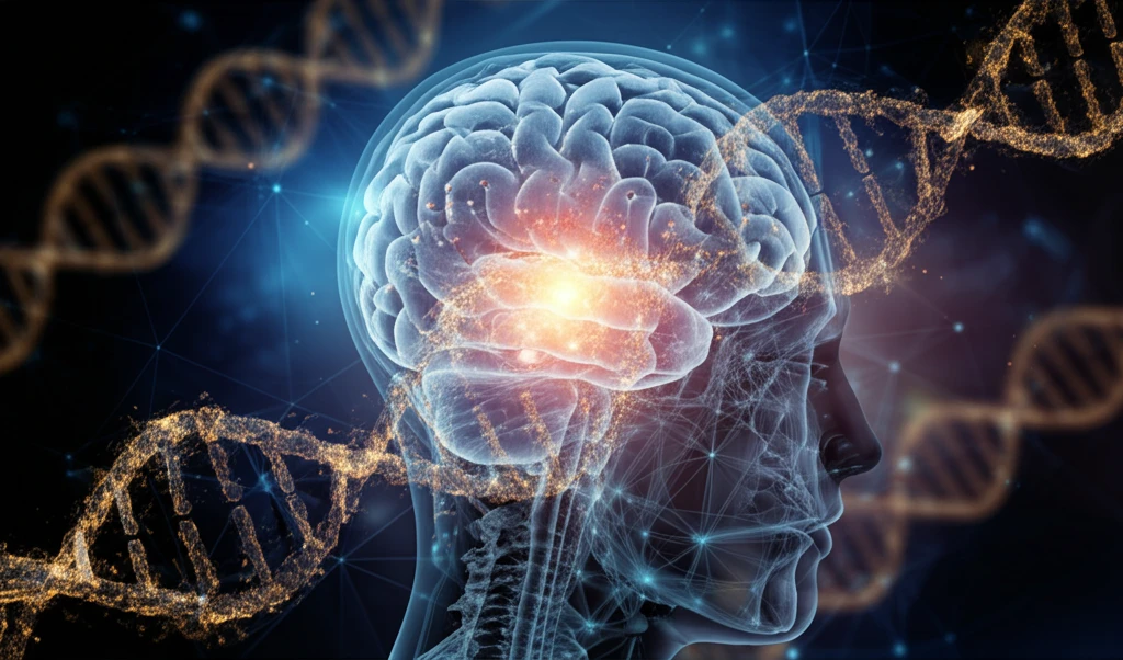 Surreal illustration of glioblastoma research, showing DNA and microRNA molecules.