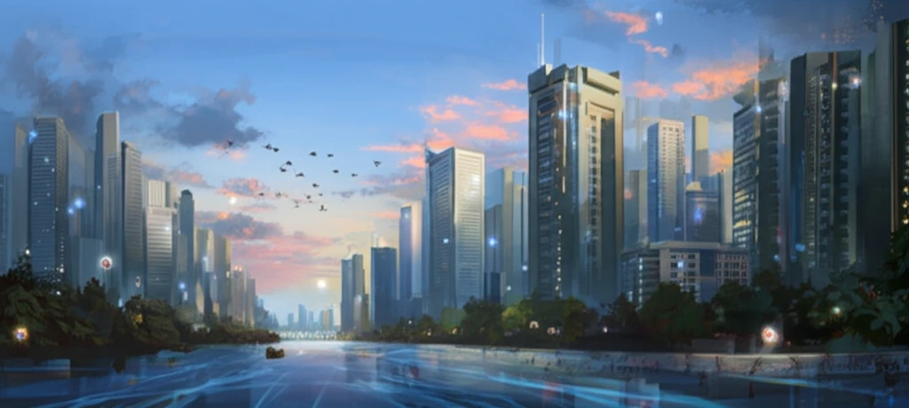 Futuristic cityscape with buildings coated in light-activated co-doped titanium dioxide, symbolizing air and water purification.