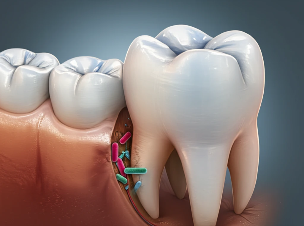 Illustration of a lateral incisor tooth with a palatogingival groove and bacteria, depicting the transition to a healthy, restored tooth.