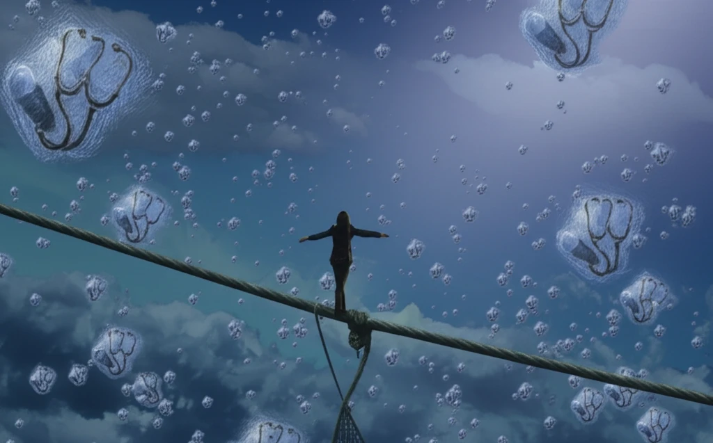 A person balancing on a high wire representing a deductible, with healthcare symbols