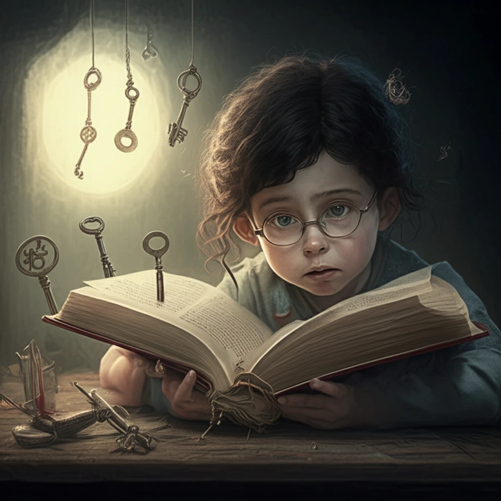 A child with cerebral palsy unlocks a book with keys representing phonological awareness and visual perception.