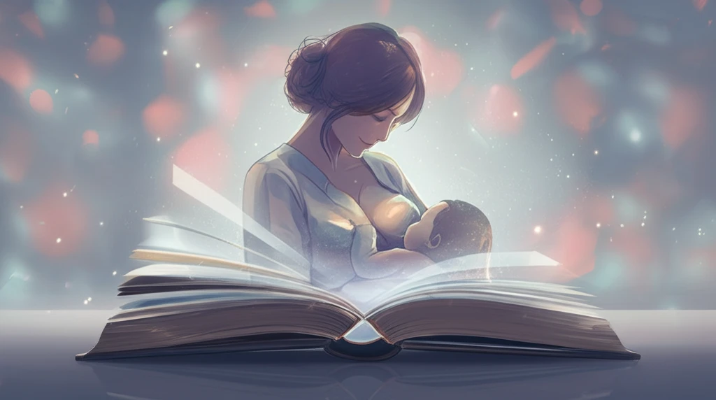 Symbolic illustration of breastfeeding education with a glowing book and mother-child silhouette.
