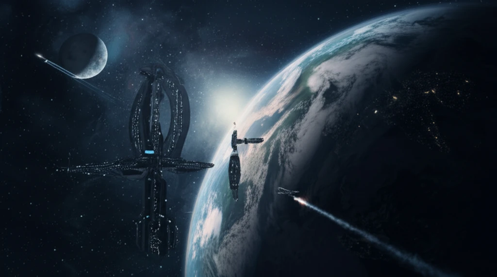 Futuristic space hotel orbiting Earth, with a spacecraft heading to the Moon.