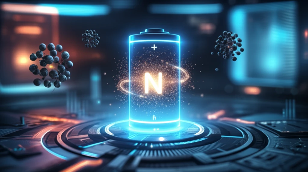 Glowing lithium-ion battery with niobium atoms in a futuristic lab, symbolizing enhanced performance.