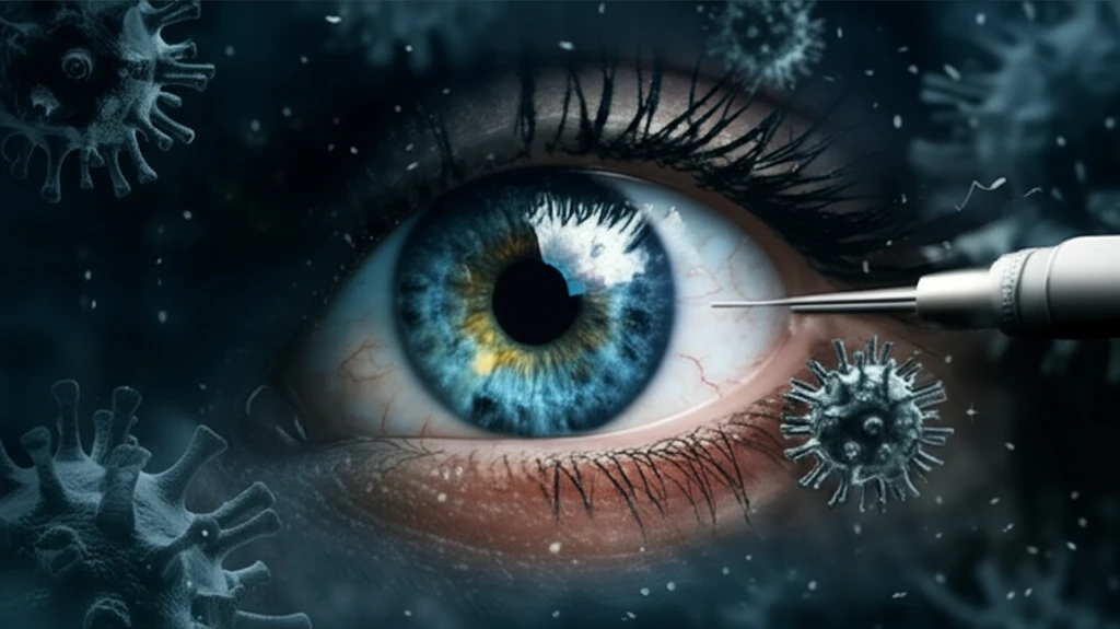 Tonometer touching giant eye surrounded by faint viruses