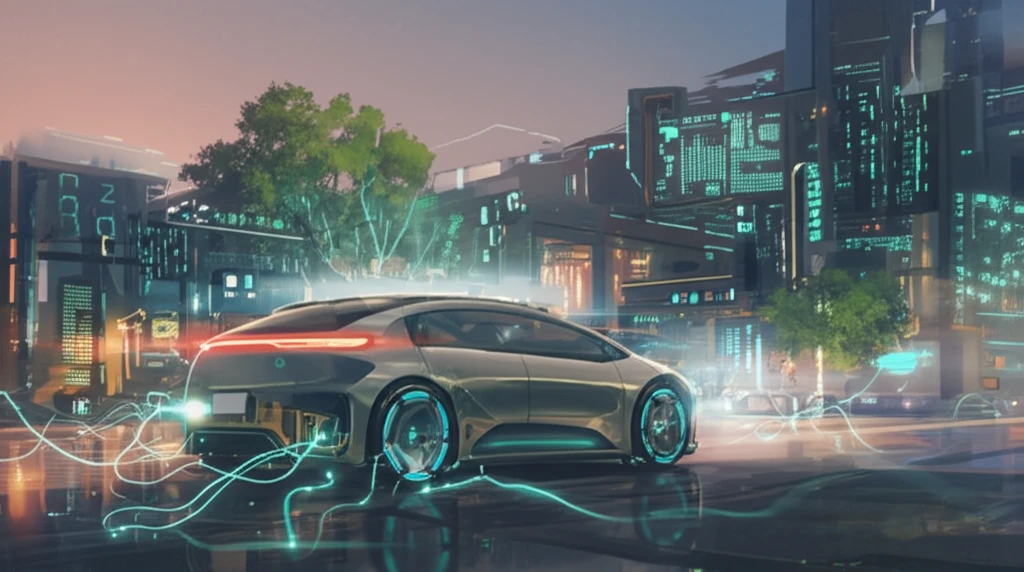 Futuristic hybrid car with energy waves, representing predictive energy management.