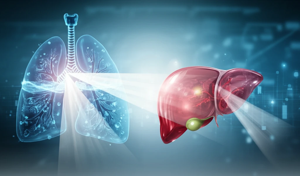 Illustration of flooded lung with ultrasound beams targeting liver.