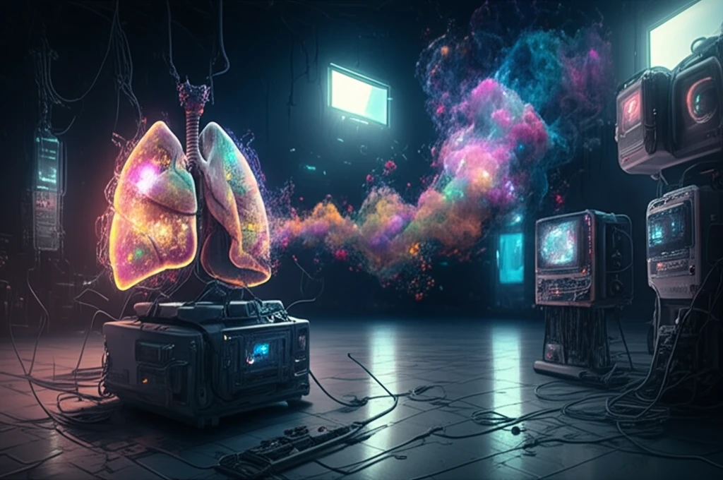 Abstract illustration of lungs exhaling colorful molecules into futuristic diagnostic devices.