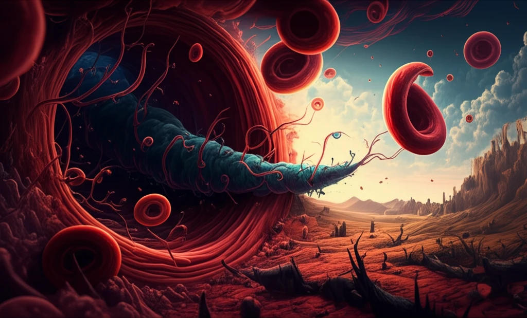 Digital illustration of a blocked artery leading to a barren landscape.