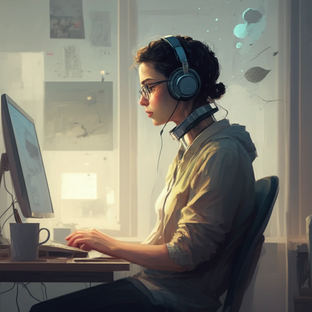 Person with neck brace working in ergonomic office