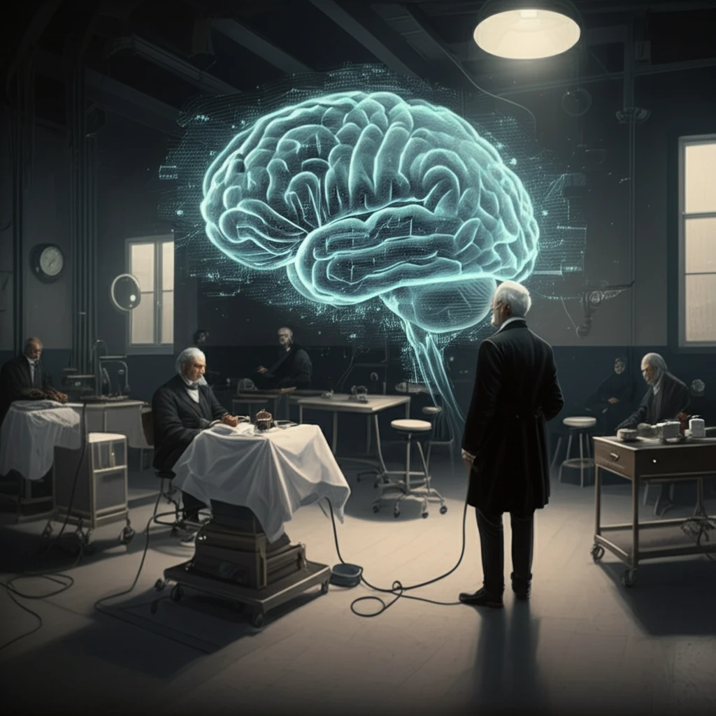 William Osler teaching in a vintage operating theatre with a holographic brain overlay.