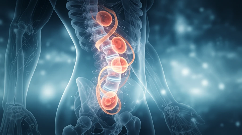 Surreal illustration of a healthy spine intertwined with glowing embryonic cells, symbolizing regeneration.