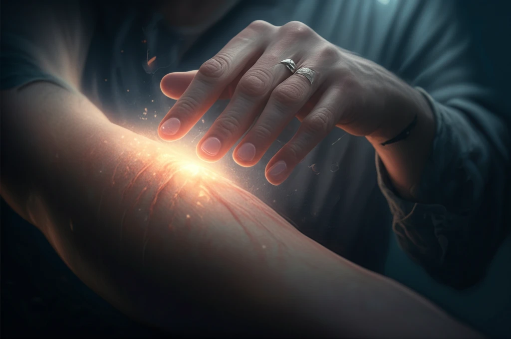 Hand touching a scar with radiating light.