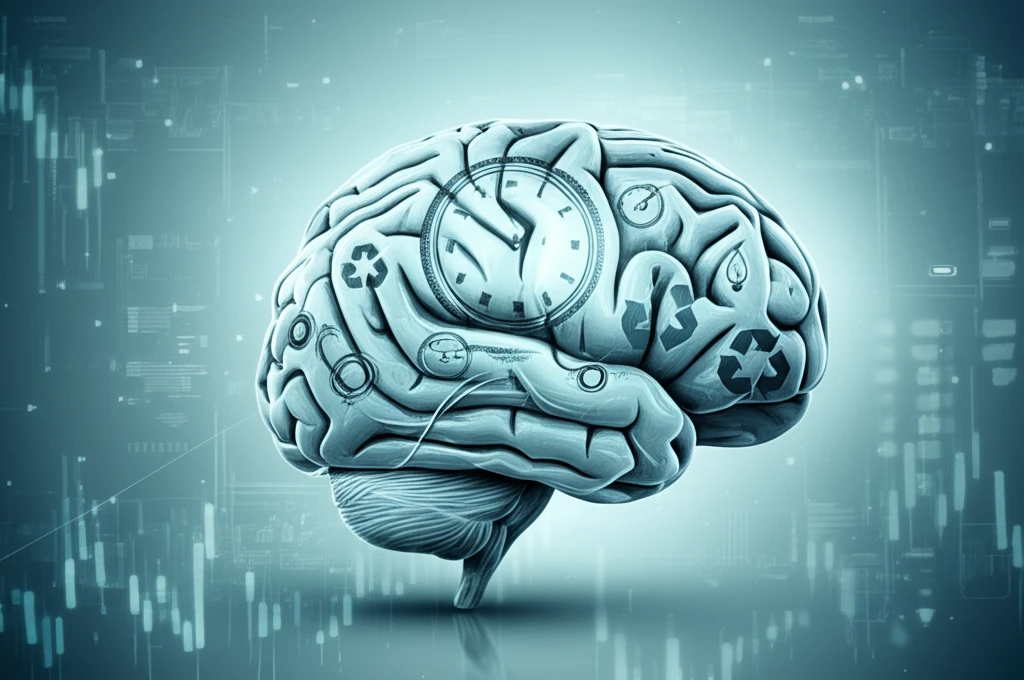 Brain intertwined with a clock and recycling symbols representing circadian rhythms and autophagy.