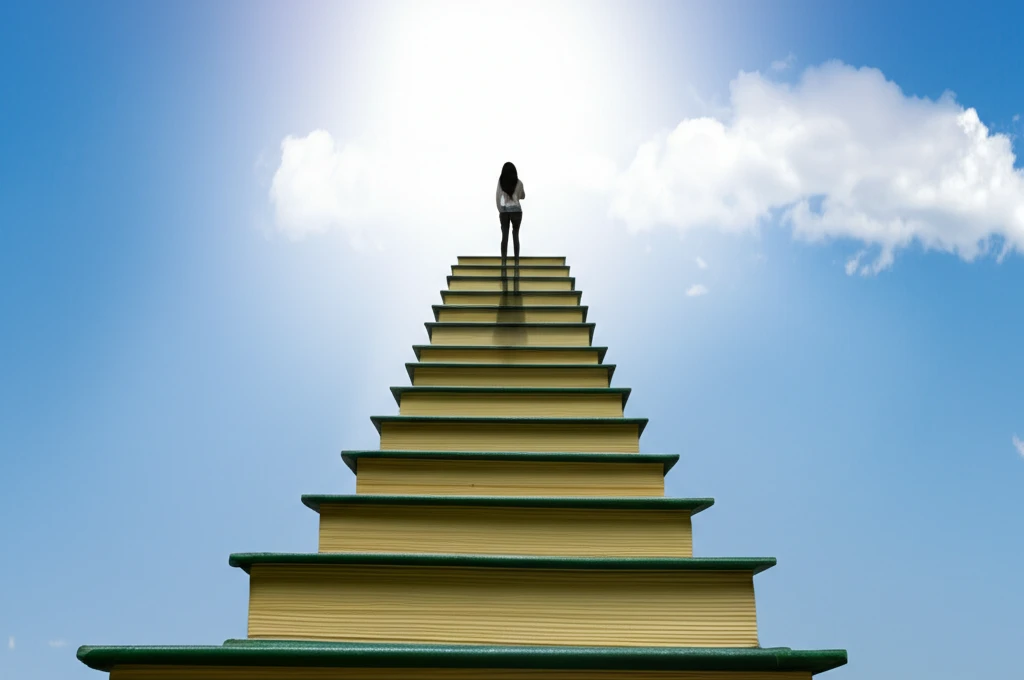A person climbing a staircase made of books, reaching for a bright sky, symbolizing English language learning success.