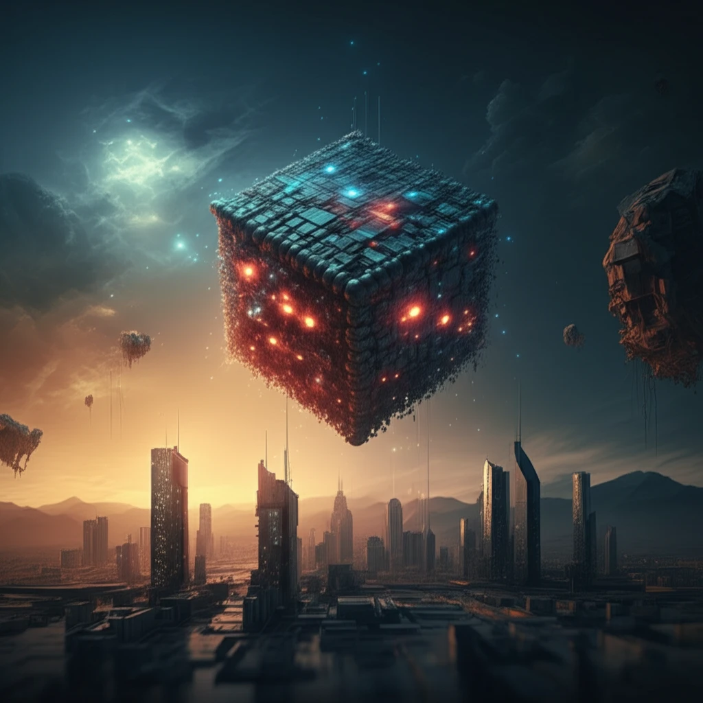 Futuristic cityscape with a glowing cube of magnetic spheres, representing advanced magnet technology.