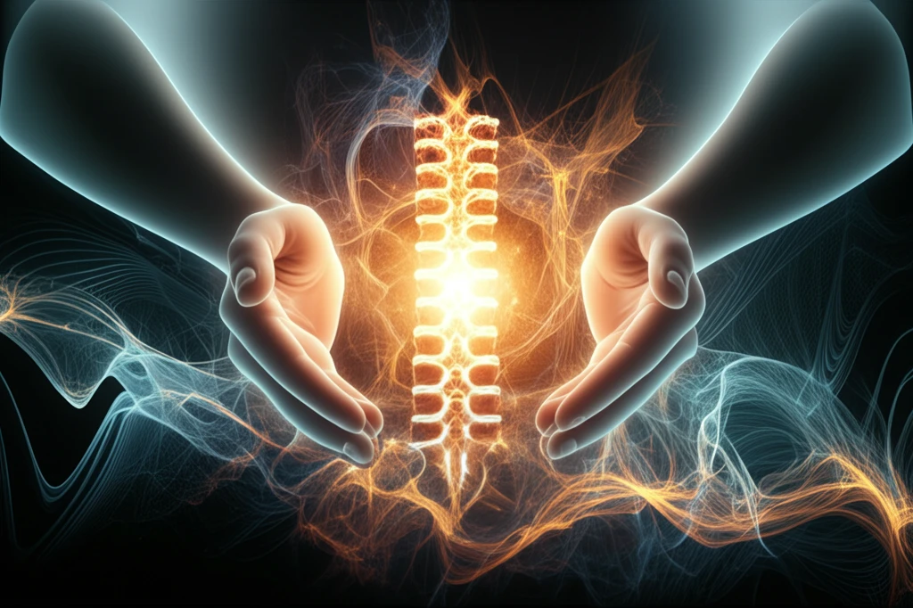 Hands gently cradling a glowing spine, symbolizing healing through manual therapy.
