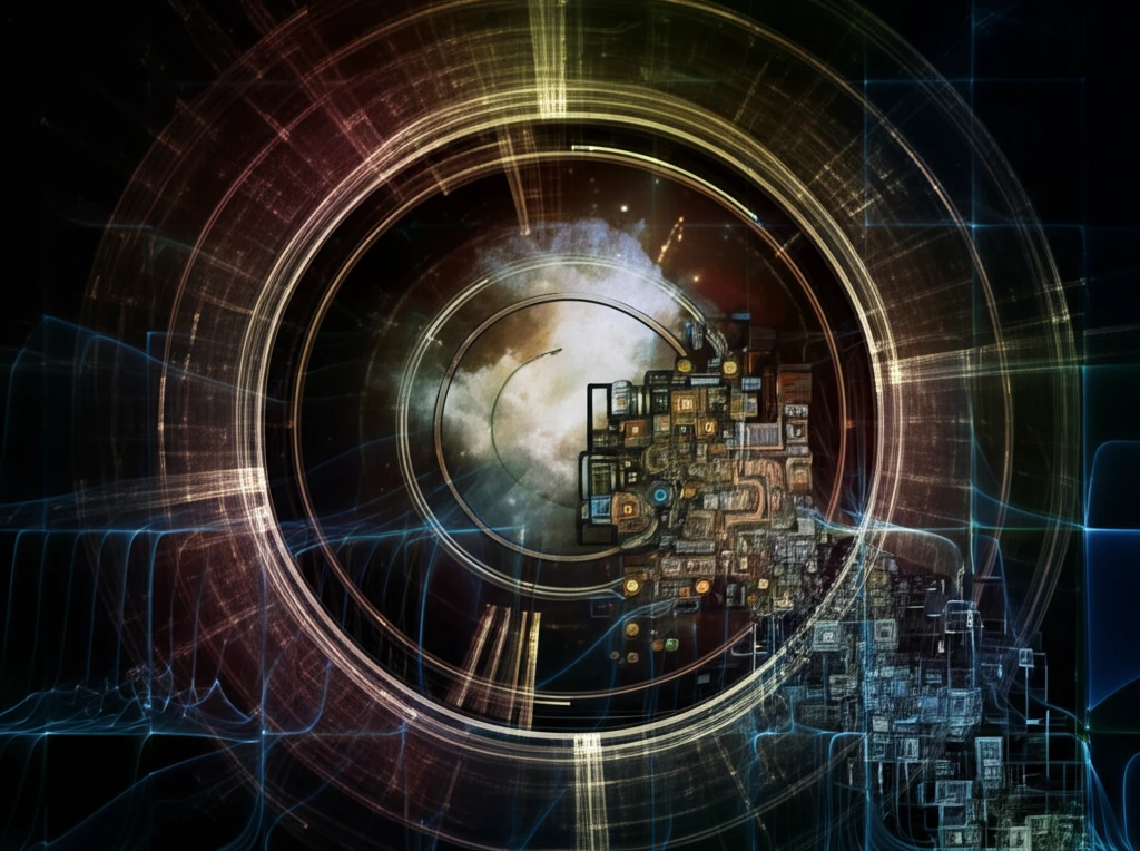 Surreal digital illustration of data streams and Mealy machines symbolizing stream computing.