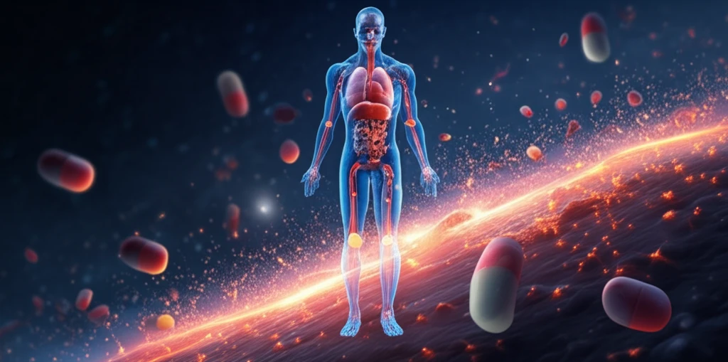 Microscopic hydrogels releasing drugs in a stylized human body.