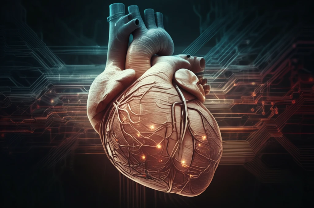 Heart intertwined with circuitry, representing technology and healthcare.