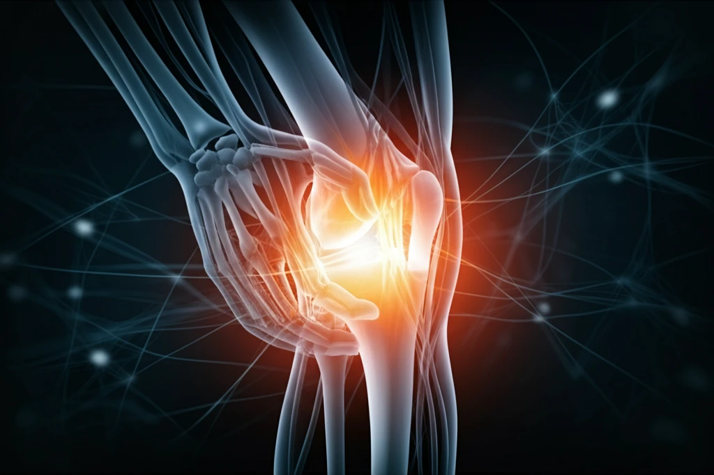 Illustration of Ehlers-Danlos Syndrome patient holding a healthy knee joint, symbolizing pain relief and improved mobility.
