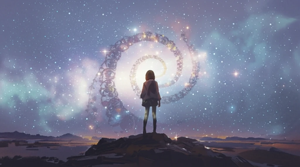 Woman gazing at Fibonacci spiral stars in a night sky.