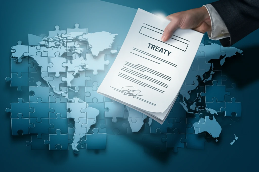 World map puzzle with missing pieces filled by a treaty document, symbolizing anti-avoidance.