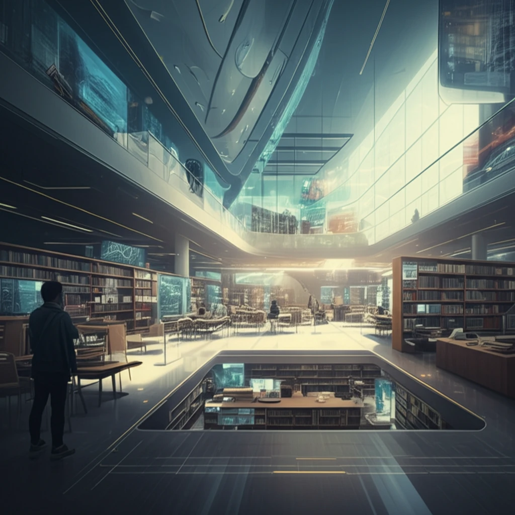 Futuristic library transformation, blending traditional and modern learning environments.