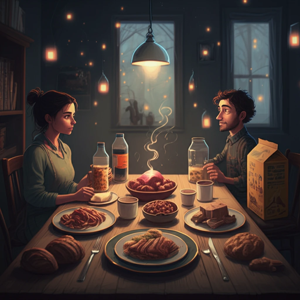 Surreal illustration depicting chemical glows from food, representing organophosphate esters in everyday meals.