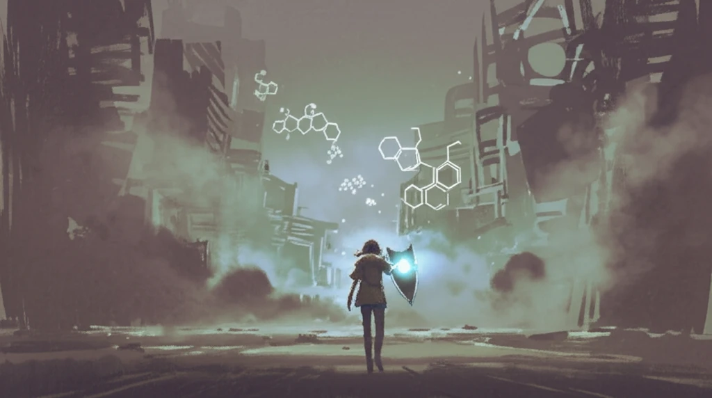 Person holding a shield of knowledge in a polluted city.