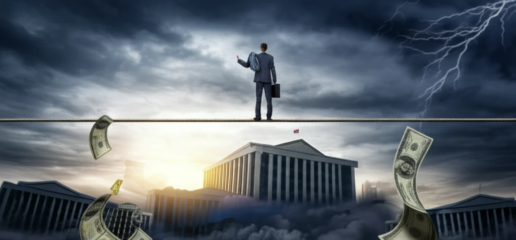 Government building balancing budget with stormy economic background.