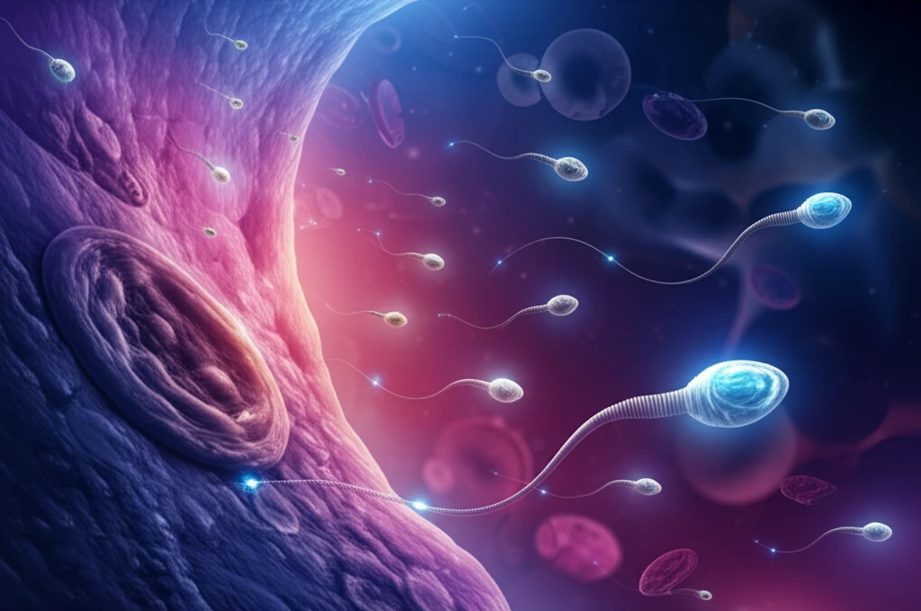Surreal illustration of sperm cells in a vibrant reproductive landscape.