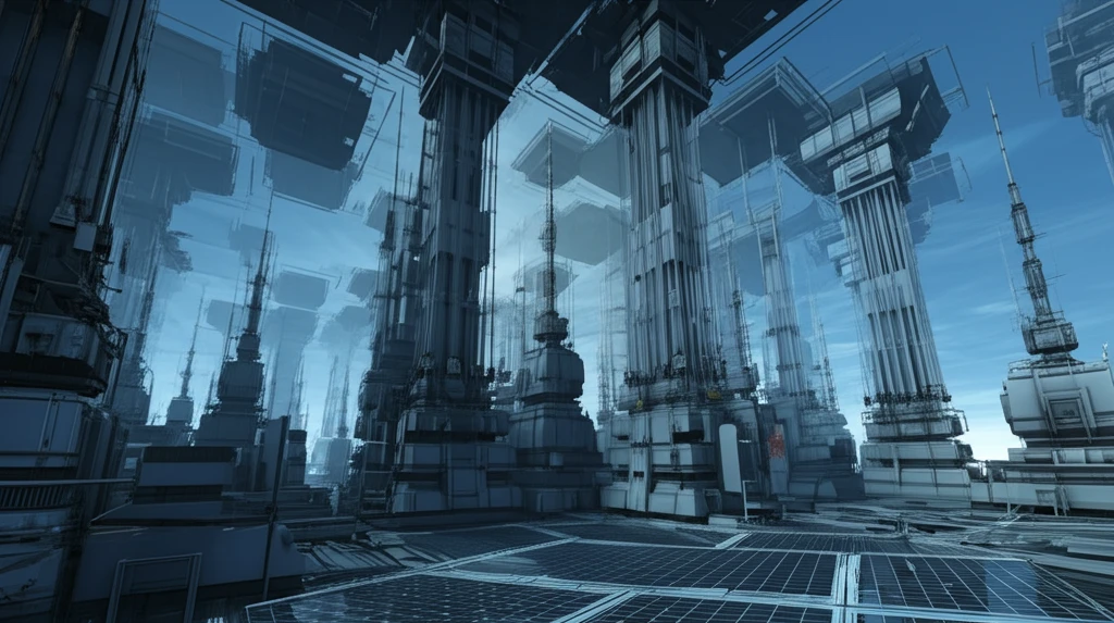 Futuristic cityscape made of intertwined stainless steel and aluminum structures with integrated solar panels.