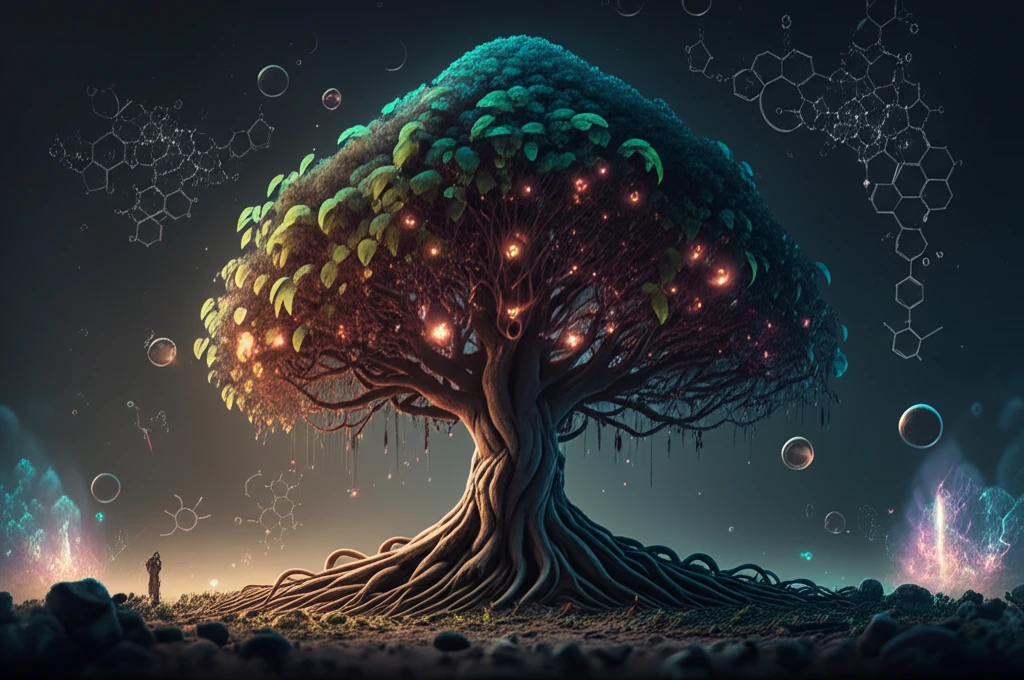 Surreal illustration of Ficus Krishnae with glowing compounds