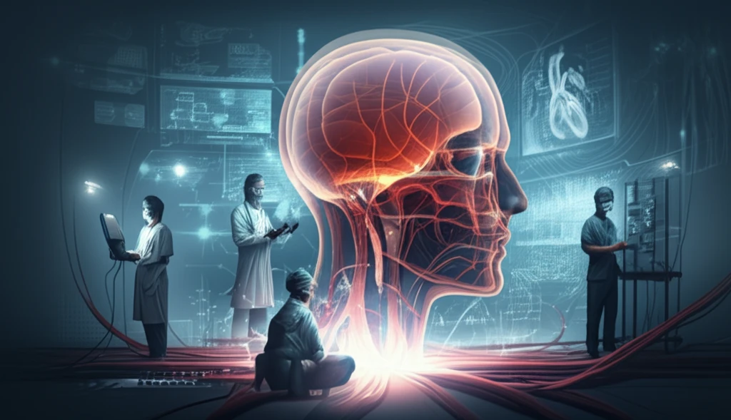 A diverse medical team collaboratively managing a complex network of veins and arteries.