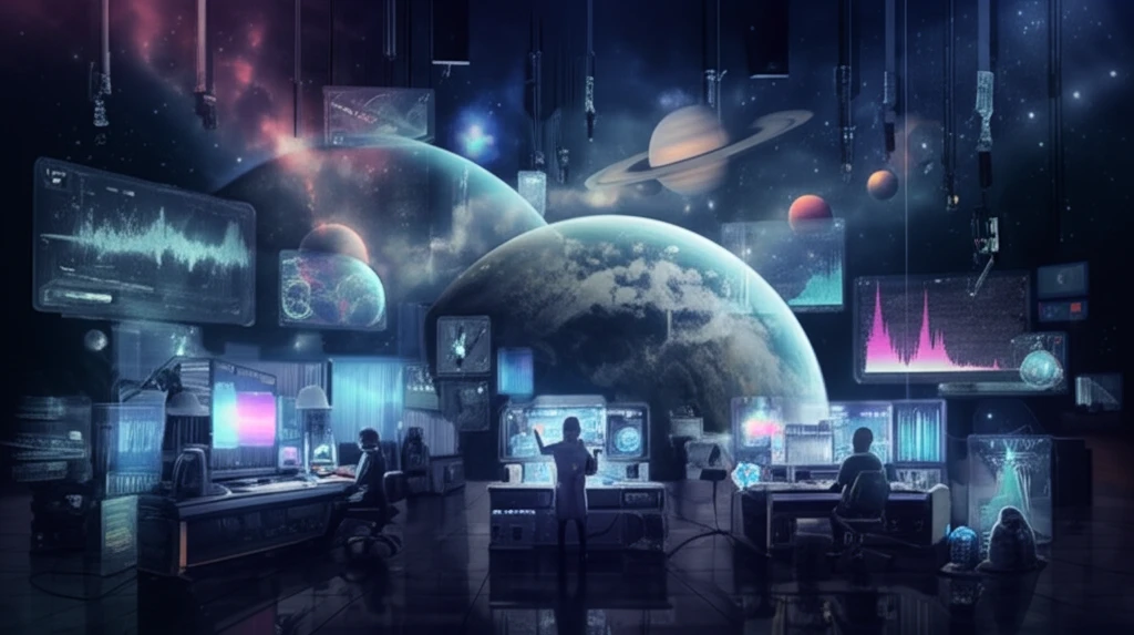 Surreal illustration of scientists exploring planetary atmospheres using spectral data in a futuristic lab.
