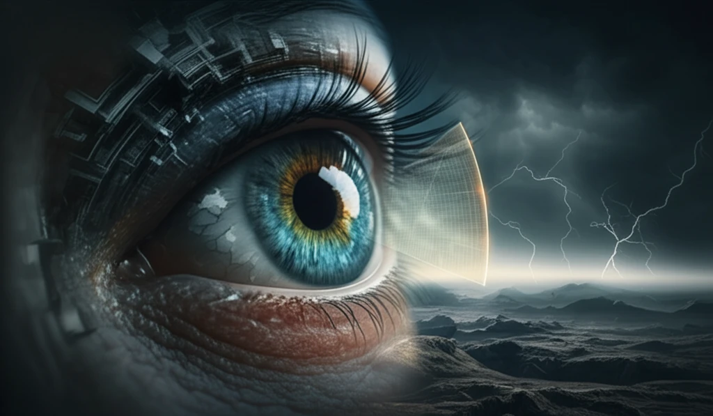Digital illustration of an eye transforming into a landscape with radar scanning for skin cancer detection.