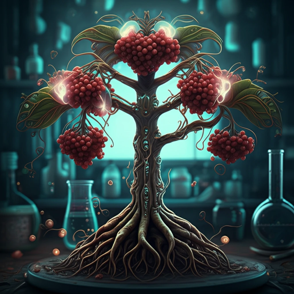 Surreal illustration of Viburnum opulus plant symbolizing its bioactive compounds and scientific research.